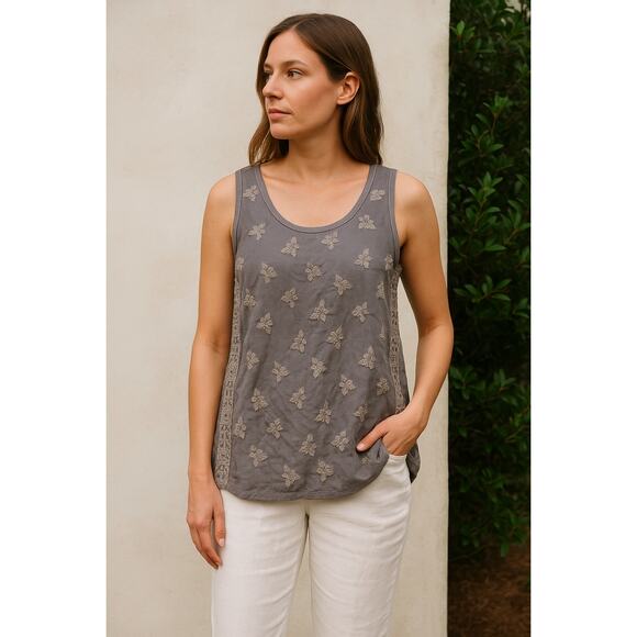 Johnny Was Workshop Embroidered Gray Grey Neutral Tank Top Medium Shirt - Picture 1 of 6